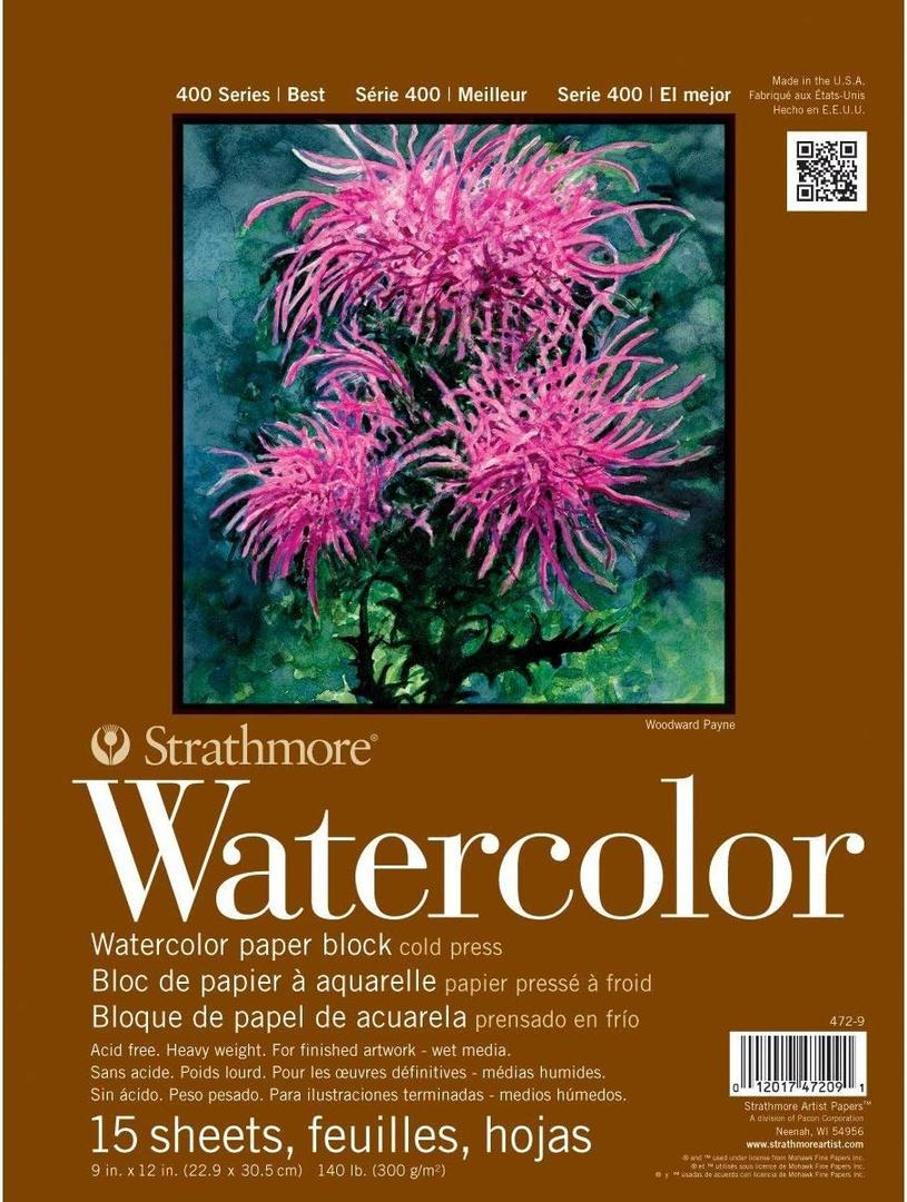 Strathmore 400 Series Watercolor Block, Cold Press, 9"x12" Bound (4 Sides), 15 Sheets/Block, White