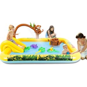 Inflatable Play Center, Inflatable Swimming Pool with Slide, Cartoon Animals Sprinker Toy with Base Pool, Monkey, Tree Stump for Garden Backyard