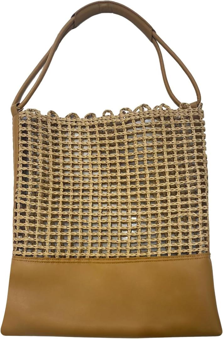 Woven Straw Tote Bag for Women, Large Capacity Beach Handbag with Leather Trim, Stylish Summer Shoulder Bag