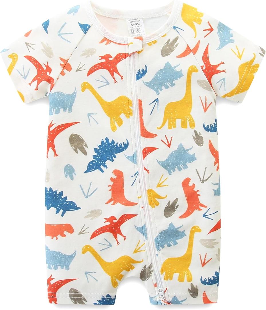 Gender Neutral Baby Clothes Cotton Short Sleeve Pants Double Zipper Footless Coming Home Outfit Boy Girl (6-9 Months, Colorful Dinosaur)