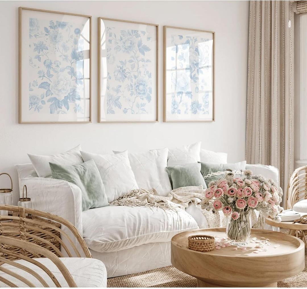 Blue White Wall Art Chinoiserie Flower Canvas Wall Decor Aesthetic Floral Wall Art Watercolor Vintage Prints Abstract Botanical Poster Blue Flower Pictures for Bedroom Bathroom 16x24x3 Inch Unframed