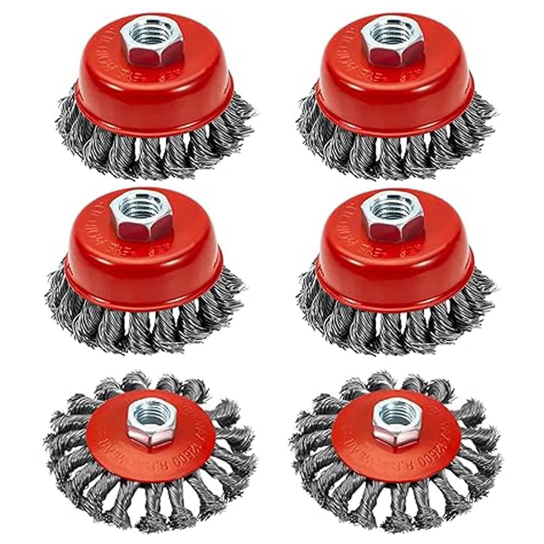 6 Pack Wire Wheel Brush for 4-1/2" Angle Grinder, 5/8" Threaded Arbor, 0.02" Carbon Steel Twisted Wire Brush for Rust Removal, Weld Cleaning
