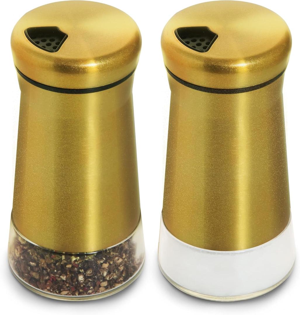 Stainless Steel Salt and Pepper Shakers,Salt Shaker Clear Bottom Jar Bottle Container with Stainless Steel Top,with Adjustable Pouring Hole for Kitchen, Cooking Table, Camp (Copper plating Double)