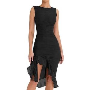 Women's Midi Bodycon Dress Summer Sleeveless Ruffle Mermaid Dress Cocktail Party Tank Dresses for Wedding Guest, Size L