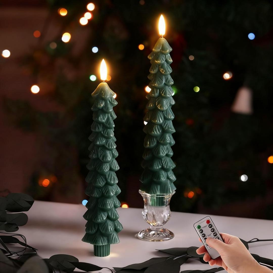 Eywamage Green Christmas Tree Taper Candles with Remote, Real Wax Flickering Flameless LED Candlesticks Set of 2