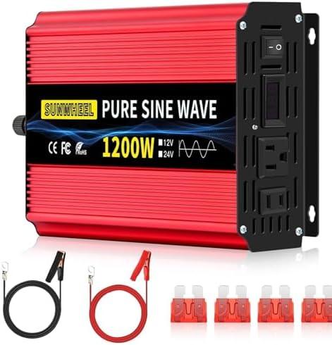 SUNWHEEL 1200W 24V Pure Sine Wave Inverter, 24V DC to 110V/120V AC Power Inverter for RV、Off Grid、Truck、Power Outage with 2 AC outlets and LCD Display