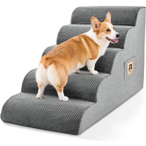 IFNOW Dog Stairs for Small Medium Dogs and Cats 19.7" H, 5-Step Studry Dog Steps for Bed, Couch, High Density Foam Pet Stairs for Dogs to Get on Bed, Non-Slip Balanced Curved Indoor Pet Ramp, Grey
