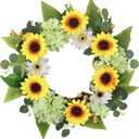 20 Inch Artificial Sunflower Wreath | Faux Sunflower Hydrangea Wreath with Lemons for Front Door, Summer Farmhouse Wall Home Decor