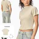 Wyeysyt Crop Tops for Women Mock Neck Ribbed Fitted T Shirts Short Sleeve Basic Tee Shirt (Beige, S)