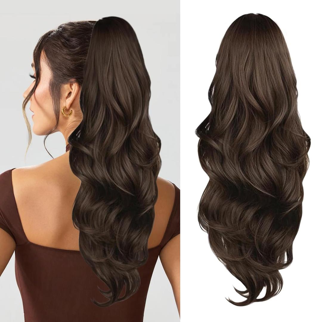 Ponytail Extension, Drawstring Ponytail Extension for Women 23 Inch Long Brown Wavy Pony Tails Hair Extensions Synthetic Clip in Ponytail Hairpiece for Women (Medium Brown)