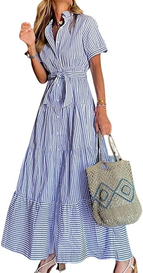 utcoco Womens Casual Short Sleeve Button Down Tie Waist Ruffled Striped Maxi Shirt Dress
