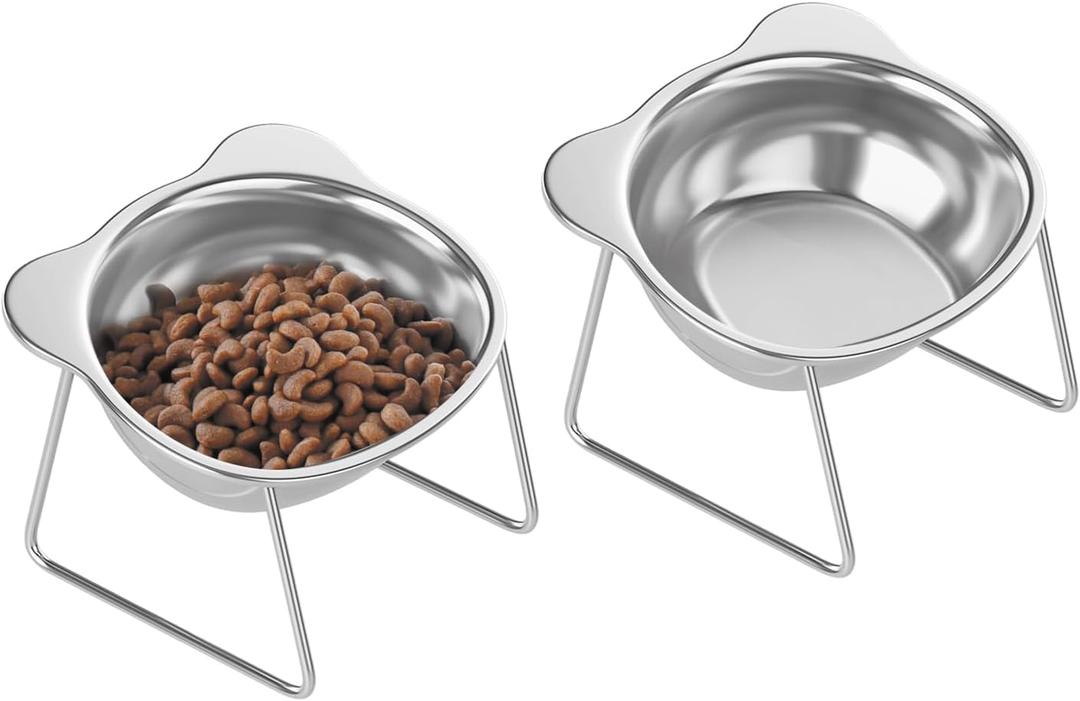 Stainless Elevated cat Bowls 5.9 Inch with Metal Stand Slip Resistant Base 15 Degrees Tilted Raised Pet Dishes Double Bowl Design Food and Water Dish for Cats Kitten Small Dog (2 Pack Raised Bowls)