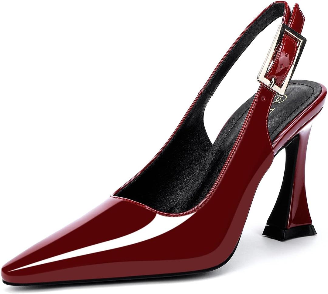 Women's Slingback 3In Kitten Heel Comfortable Closed Toe Pumps Dress Shoes for Women (9, Dark Red Patent)