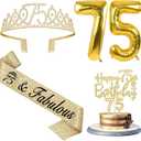 75th Birthday Decorations - Women's Sash & Tiara, Cake Toppers, Number 75 Candles, Gold Balloons, Party Gifts