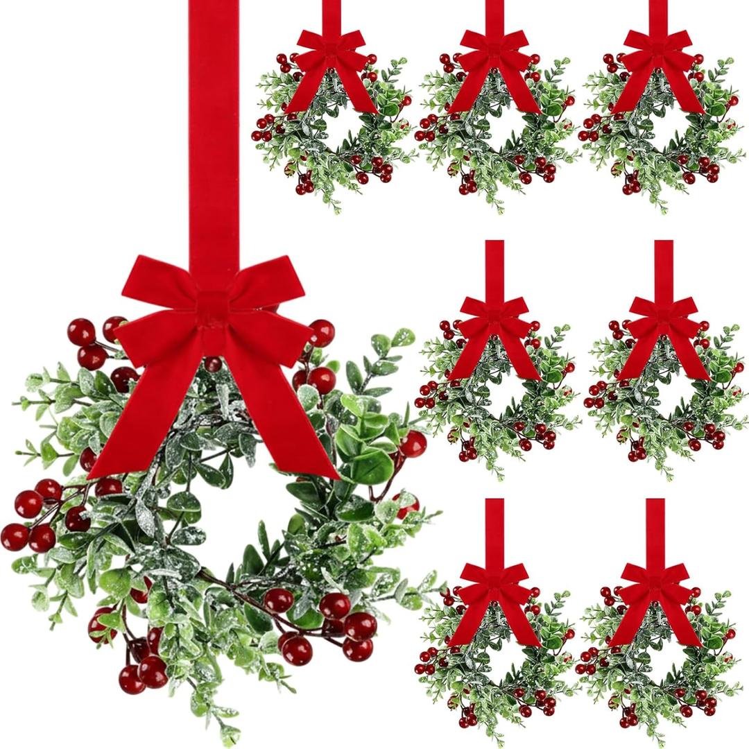 6 Pieces 9" Mini Christmas Wreaths for Kitchen Cabinet Small Christmas Candle Rings Eucalyptus Wreath Pillar Candle Rings Table Centerpieces Hanging Garlands for Front Door Window Decor (Red Berry)