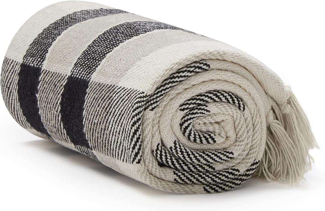 Americanflat 50x60 Throw Blanket - Soft and Breathable Cotton Throw Blanket for Couch, Bed, Chair - Decorative Blankets Perfect for Home, Office, or Outdoor Use - Black, Cream and Beige Plaid Design