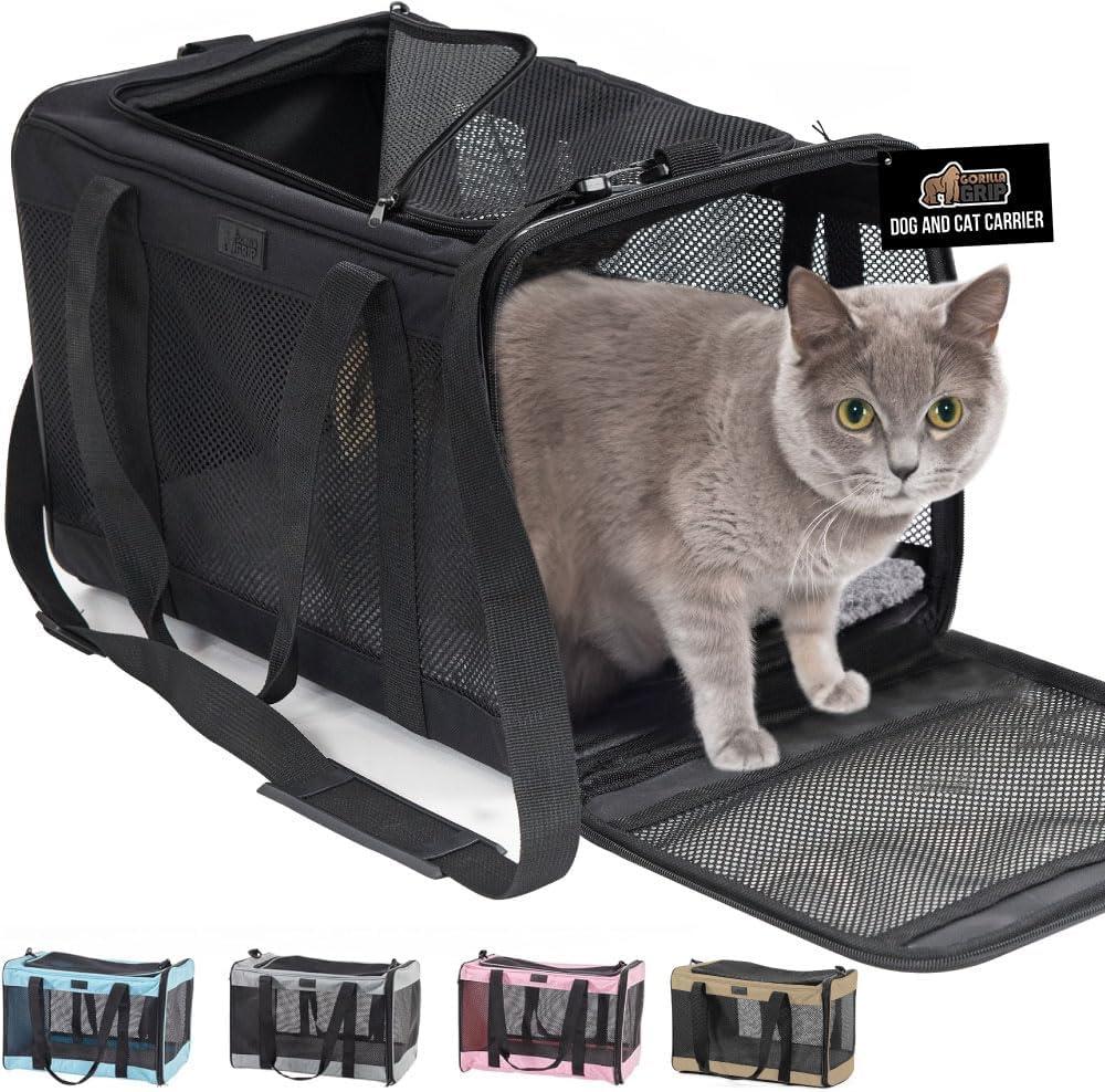GORILLA GRIP Cat Carrier Travel Bag Up to 15 Lbs, Soft Collapsible Small Dog Carriers, Top and Side Entry Breathable Mesh, Grip Feet on Underside, Cozy Washable Waterproof Pad, Portable Kennel, Black (17.0"L x 11.0"W x 11.0"H)