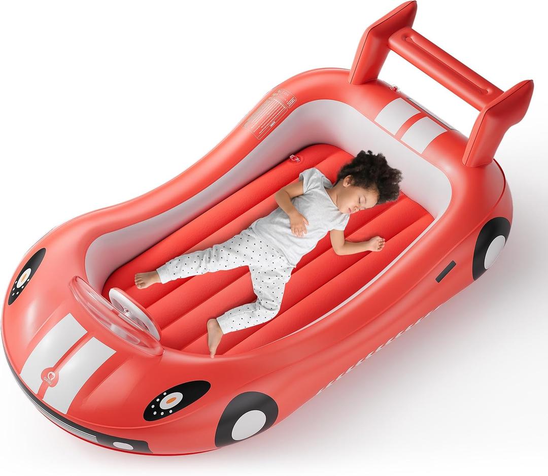 QPAU Inflatable Kids Bed, Toddler Travel Bed with Sides, for Camping, Traveling, Hotel, or Home Use, Hand Pump Included (Red)