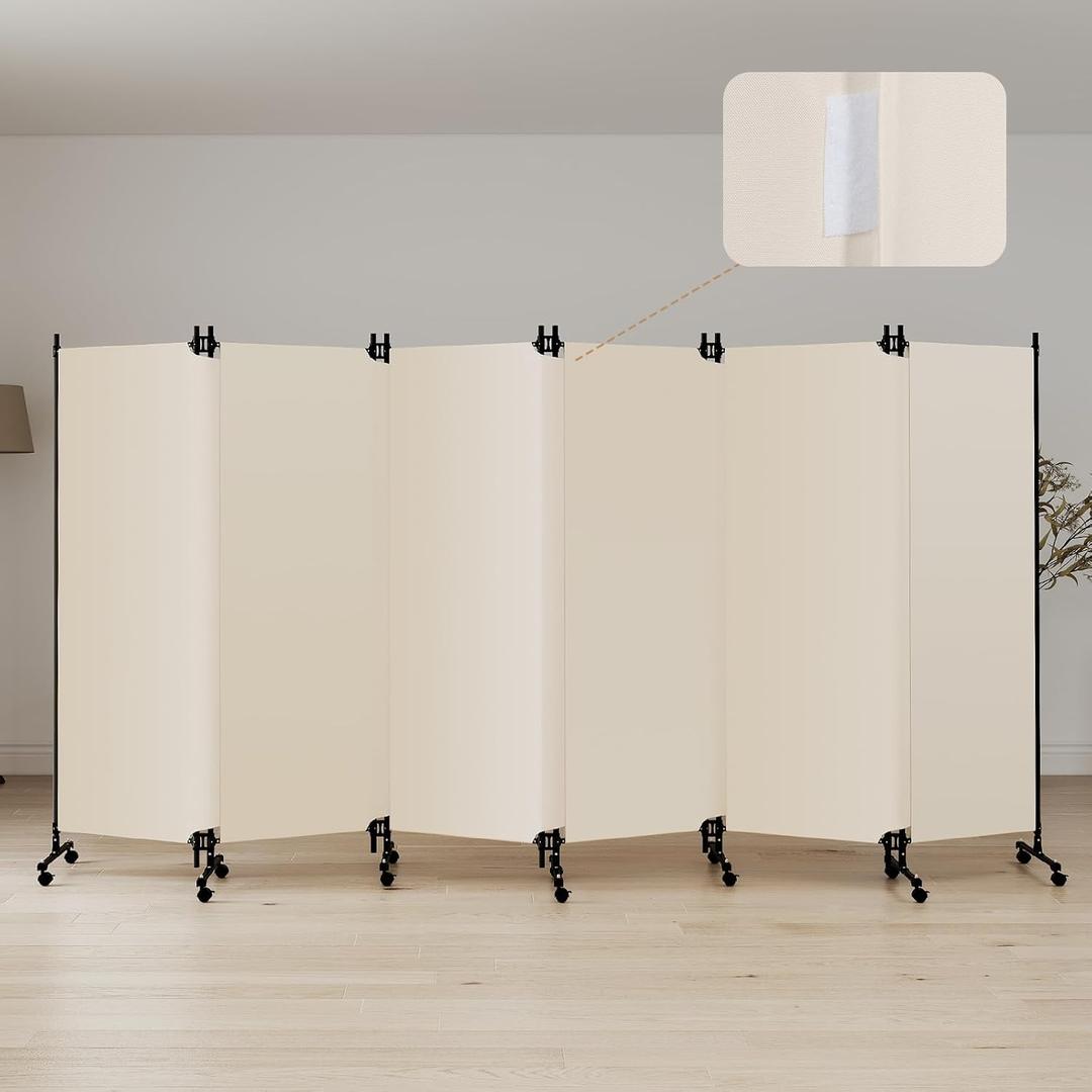 Kokorona 6 Panel Room Divider, Folding Privacy Screen Wall Dividers with Lockable Wheels, Freestanding Partition Divider for Room Separation, Portable Room Divider, 146''W x 72''H, Beige