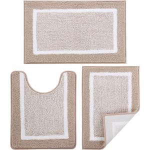 Bathroom Rugs Sets 3 Piece with U-Shaped Contour Toilet Mat Shower Rugs Absorbent Microfiber Plush Bath Mats Non Slip Bath Rugs Shaggy Floor Mats Machine Washable (18"x26" + 20"x32" + U Shape 20"x24", Beige)