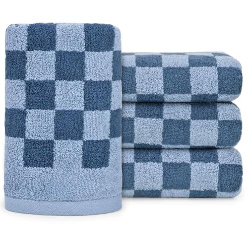 Jacquotha Bathroom Hand Towels Set of 4, Checkered Towels for Bathroom Face Hair Kitchen, Luxurious Cotton, Soft and Fluffy, 13x29 Inches, Blue, Men Women