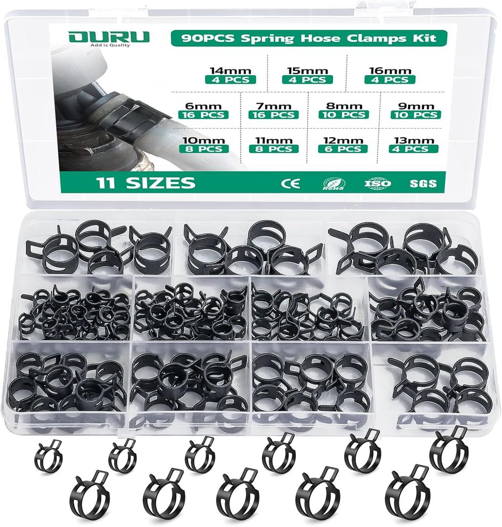 OURU 90PCS 6-16mm Spring Band Hose Clamps Assortment kit, Constant Tension Hose Clamps for Fuel Lines, Silicone Vacuum Hoses, Water Pipe, Low-Pressure Air Clips