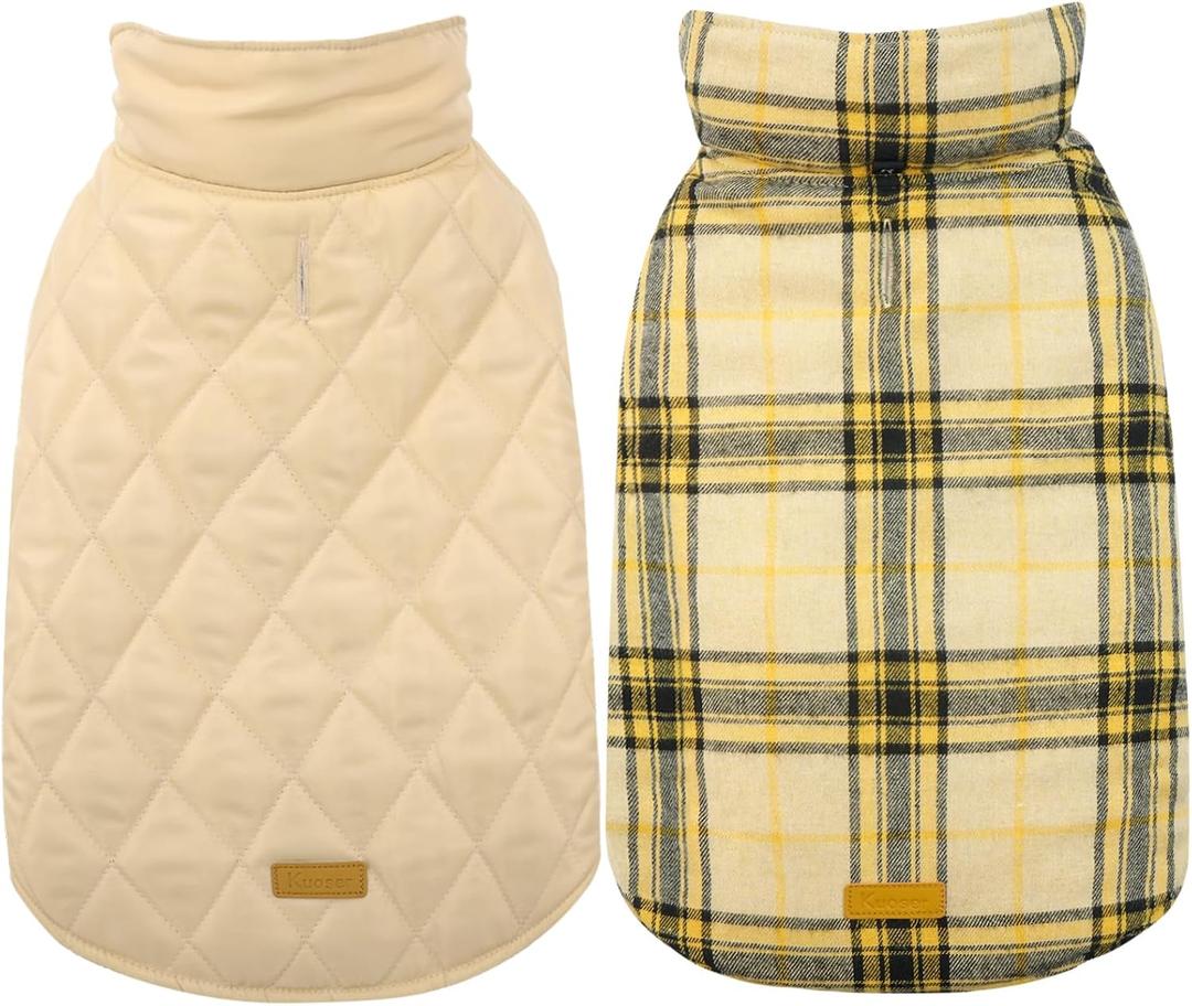 Kuoser Waterproof Dog Coat, Reversible Dog Jacket for Large Dogs, Adjustable Durable Doggie Winter Coat for Growing Puppies Warm Puppy Cold Weather Apparel, Yellow L (Large (Pack of 1))
