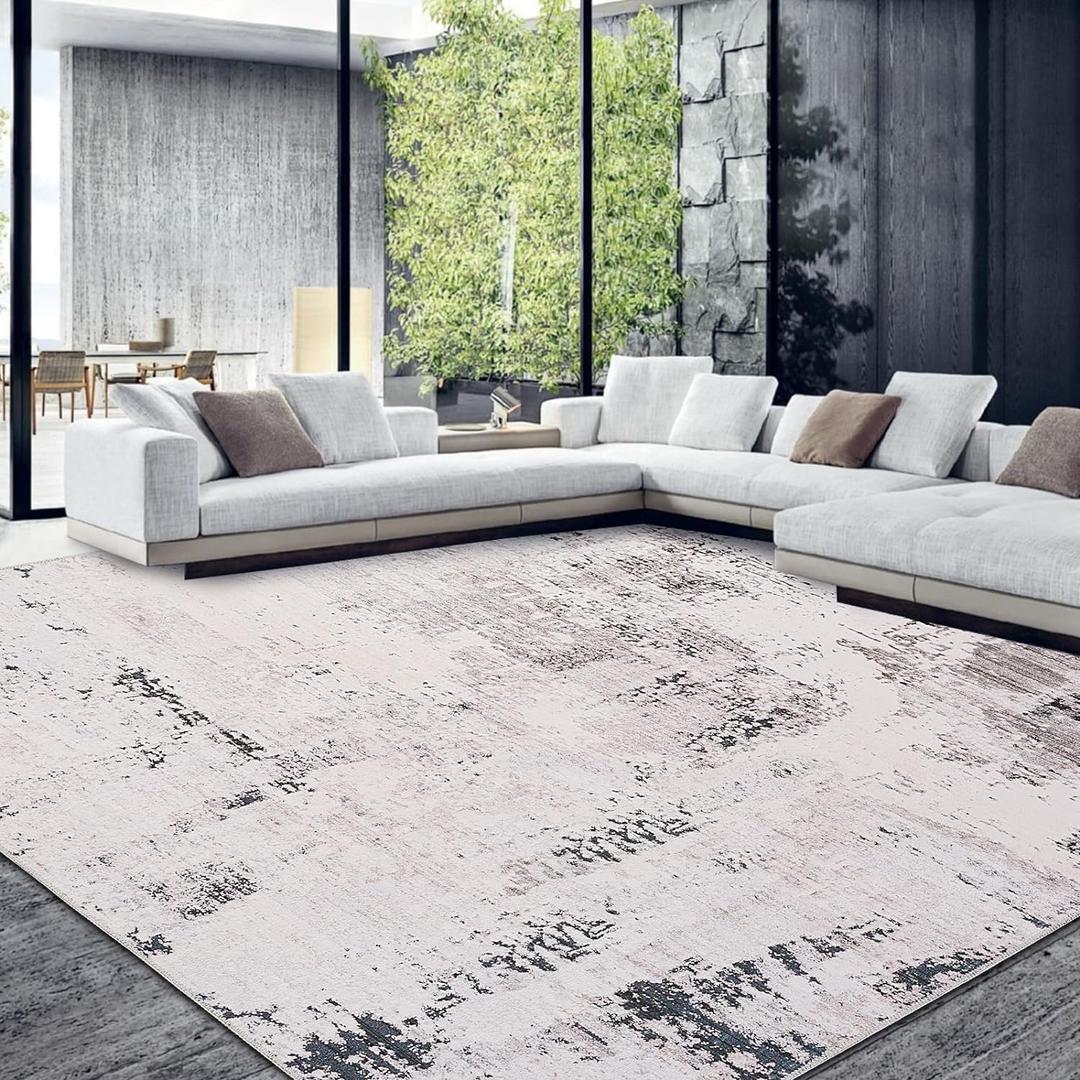 HOMBYS 10x14 ft Modern Area Rug for Living Room Bedroom, Large Boho Floor Carpet with Non-Slip Backing for Indoor Office Dining Room, Abstract Home Deco Non-Shedding, Machine Washable (Black Grey)