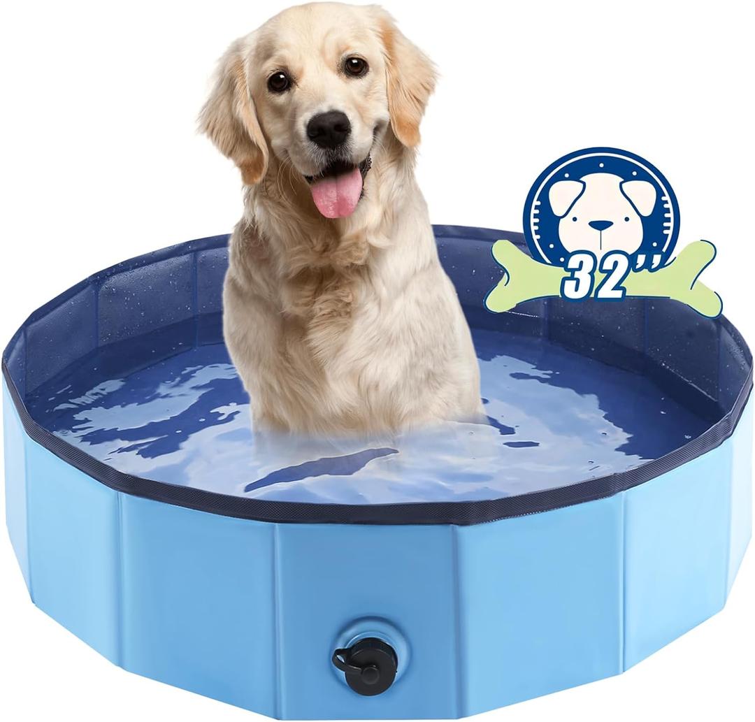 Eooqi Foldable Dog Pool, Portable Pet Bath Tub and Kiddie Swimming Pool, Collapsible Bathtub for Puppies, Small, Medium and Large Dogs, Cats and Kids, 32 x 8 in, Blue