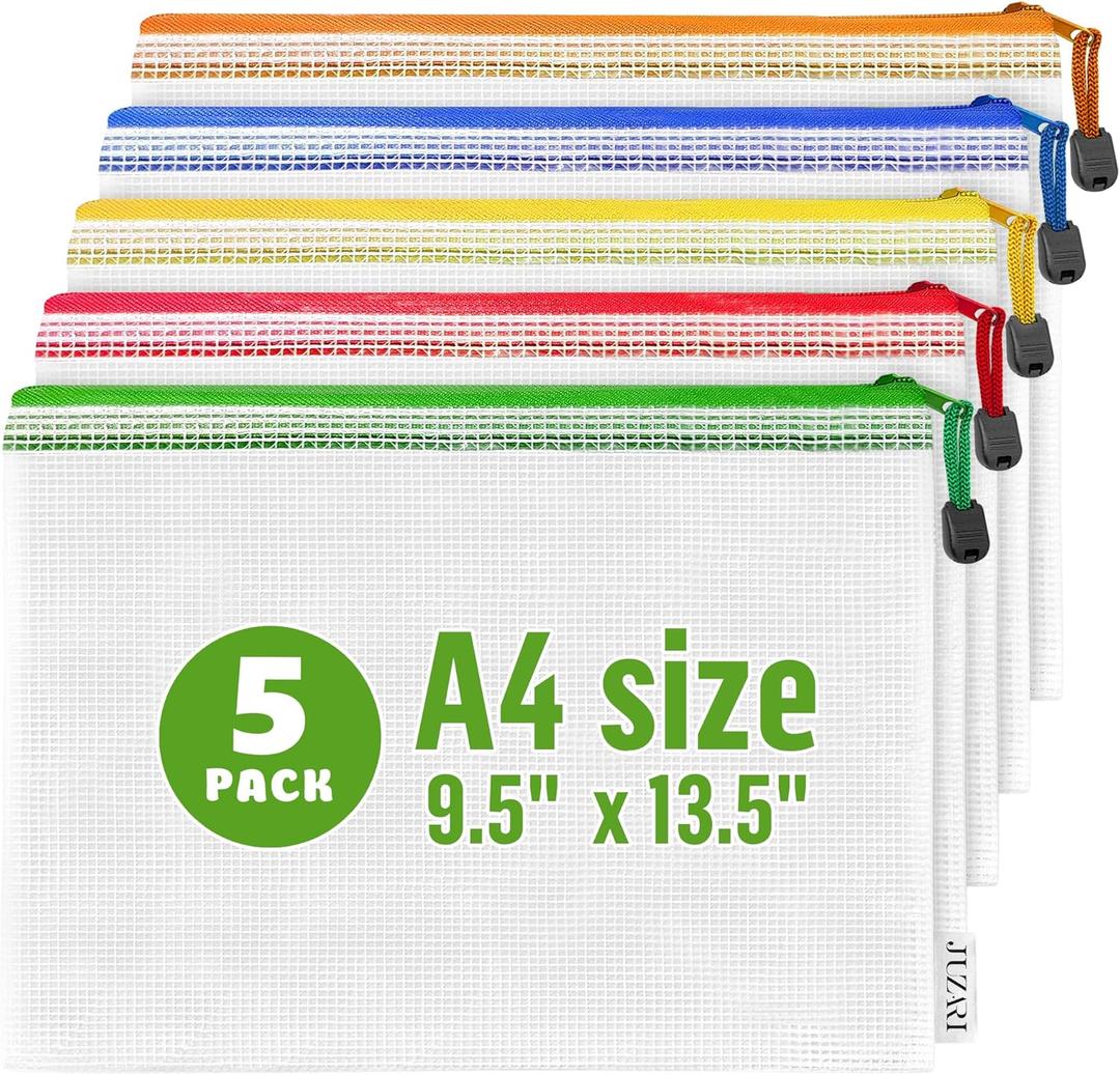5 Pack Mesh Zipper Pouch Bags A4-13.5x9.5 in Plastic Zipper Pouches for Organizing - Document Bags with Zippers - Letter Size Zippered Pouches - Waterproof Document Pouch with Zippers