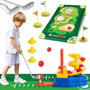 Liberry Toddler Golf Set for 3 4 5 6 Years Old, Retractable Kids Golf Clubs Set with Golf Dispenser, Cornhole Board & Mat, Outdoor Indoor Sports Toy Birthday Gift for Boys Girls (Silver)