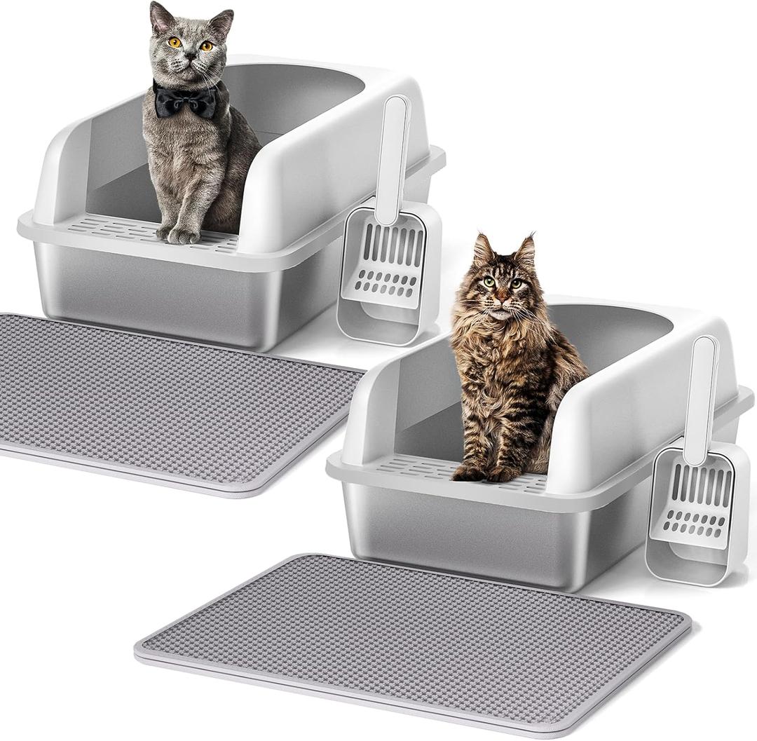 Henkelion 2 Pack Stainless Steel Cat Litter Box with Lid, 20" L x 14.2" W x 11.8" H, Extra Large Litter Box for Big Cats with High Sided, Anti-Urine Leakage, Easy Cleaning, Include Cat Mat and Scoop