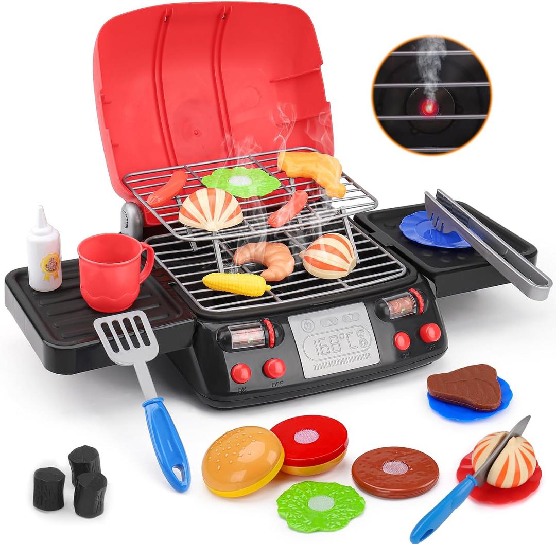 Kids Play Food Grill with Pretend Smoke Sound Light Kitchen Playset BBQ Accessories Camping Cooking Set Barbecue Toddler Girl Boy Toy 2 3 4 5 6 Year Old 48 Birthday Kid Toy Idea