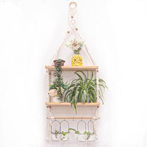 Boho Hanging Shelf with Hooks 2-Tier Macrame Woven Rope Wood Wall Floating Hanging Shelf for Indoor Plants/Keys/Photos/Candles, Bohemian Home Decor for Bedroom/Living Room/Nursery/Entryway