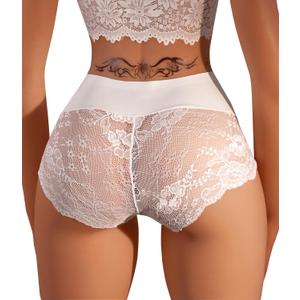 Hibluco Sexy Lace Women Briefs No Show Short High Waist Underwear Full Coverage Panties (Small, White 684)