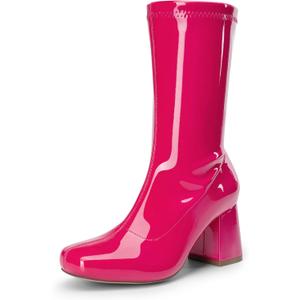DREAM PAIRS Women's Mid Calf Gogo Boots Low Block Heel Square Toe Ankle Boot with Zipper for Party Cosplay Dance (8.5, Hot Pink)