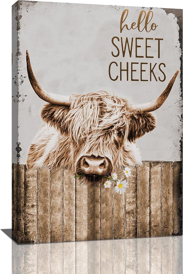 Highland Cow Wall Art - Rustic Cow Pictures, Farmhouse Bathroom Decor, Country Cattle Painting, 16x24 inch Framed Canvas Print for Office, Bedroom, Kitchen, Dining Room