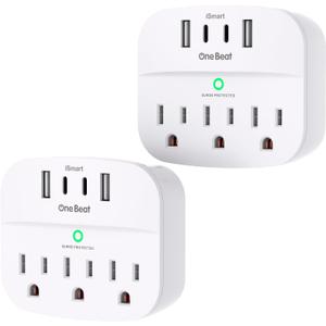 One Beat 2 Pack Multi Plug Outlet Splitter with USB,Surge Protector Outlet Extender with 3 Wall Outlets 4 USB Wall Charger (2 USB C), 490 J, ETL Listed, Small Outlet Adapter Plug Extender for Travel,WH