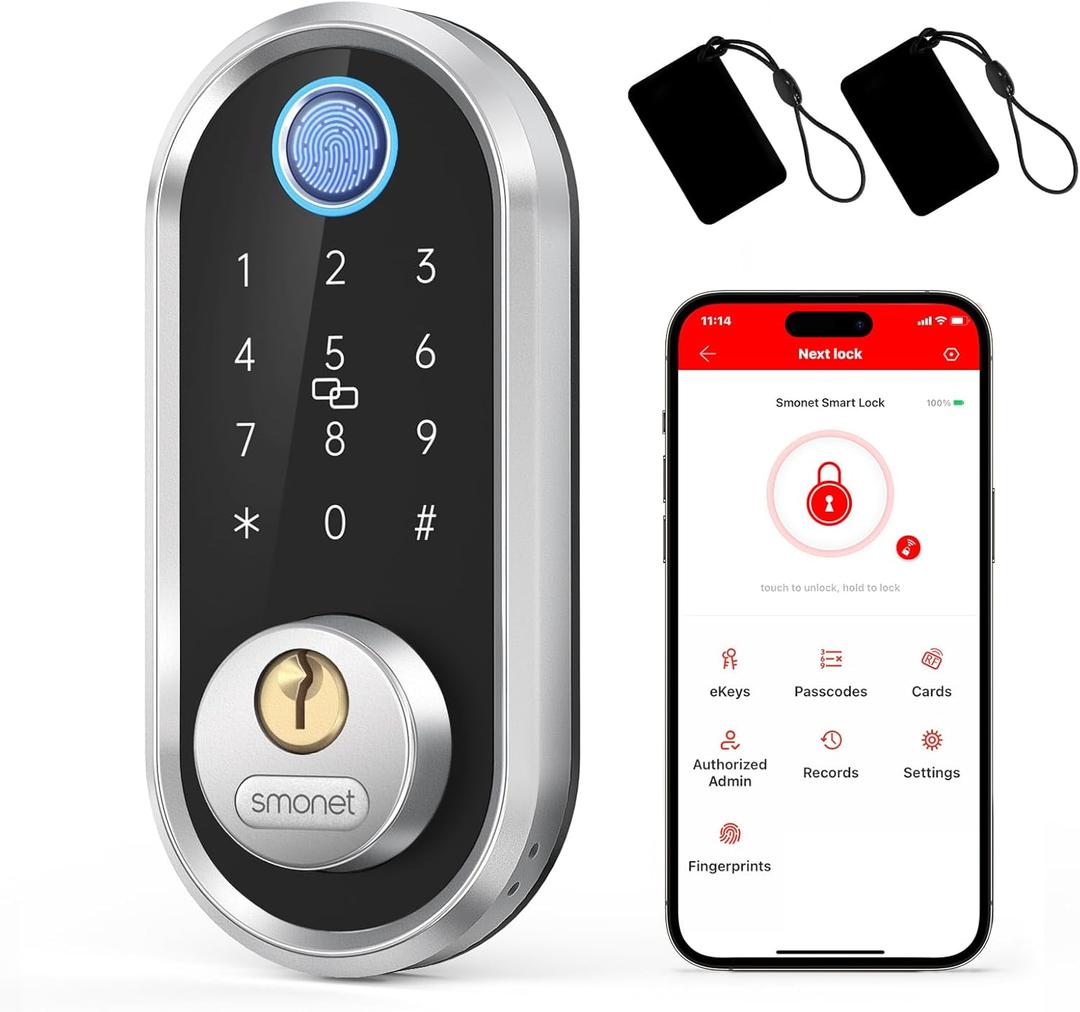 Smart Deadbolt, SMONET Fingerprint Electronic Deadbolt Door Lock with Keypad-Bluetooth Keyless Entry Front Door Digital Keypad App Control, Ekeys Sharing, App Monitoring Auto Lock for Homes and Hotel (Silver)