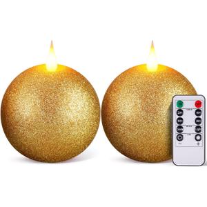 Retisee 2 Pcs Christmas Round Flameless Candles Real Wax with Remote Timer, 4.5″ x 3.8″ LED Glitter Christmas Ball Candles Battery Operated 3D Wick Flickering for Xmas Table Decor Gift(Gold)