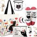 Yeyeplum Floral Cat Lover Gifts for Women Birthday Gifts Baskets Set Include Canvas Tote Bag, Makeup Bag, Socks, Keychain, Enamel Mug, Small Figurines for Mom, Wife, Sister, Friend