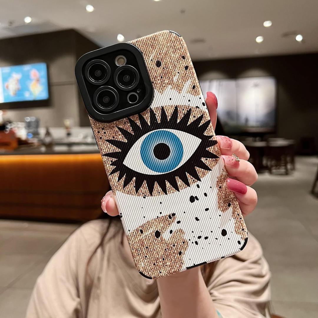 Cute Evil Eye Phone Case Compatible with iPhone 15 Pro Max Funny Design for Women Slim Fit Aesthetic Faux Leather Protective Cover for Apple iPhone 15 Pro Max-Blue Eye