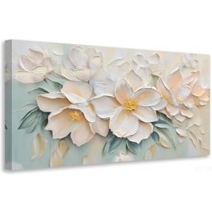 Anolyfi Large White Floral Canvas Wall Art for Living room Bedroom 58"x29" | HD Print and Hand-painted Textured, Easy to Hang, Durable Colorfast, Modern Flowers Sage Paintings for Hallway Home Decor