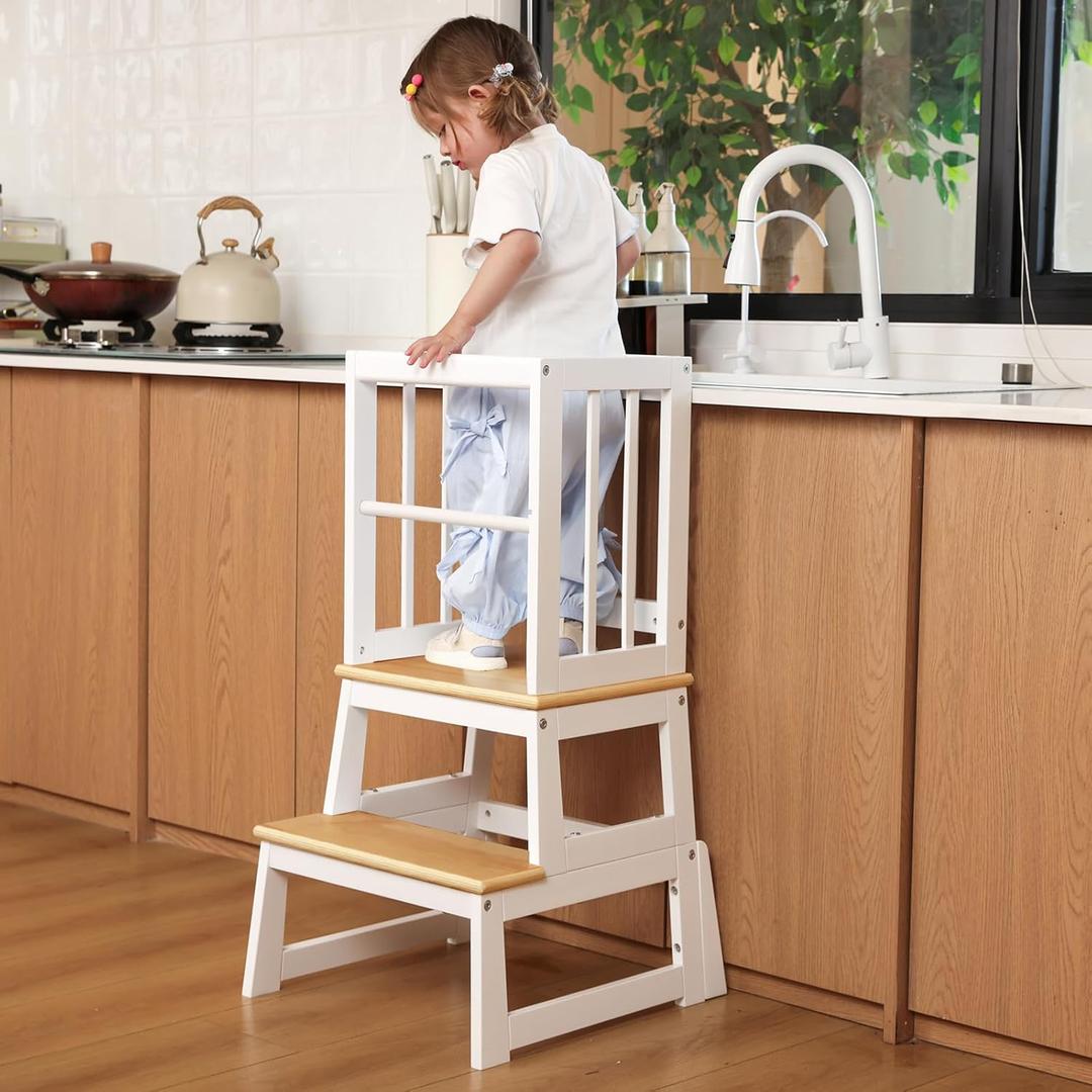 Kids Kitchen Step Stool, Ideal Toddler Learning Standing Tower, 2025 New Upgrade with an Anti-tip Structure and Anti-Drop Safety Bar, More Stable and Safer - White Natural