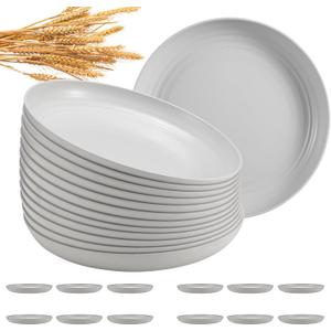 12 Pcs Unbreakable Deep Dinner Plates Set, 10 inch Reusable Plastic Wheat Straw Plates, Microwave and Dishwasher Safe Plate for Kitchen, Lightweight Plate for Dessert, BPA Free, White Gray