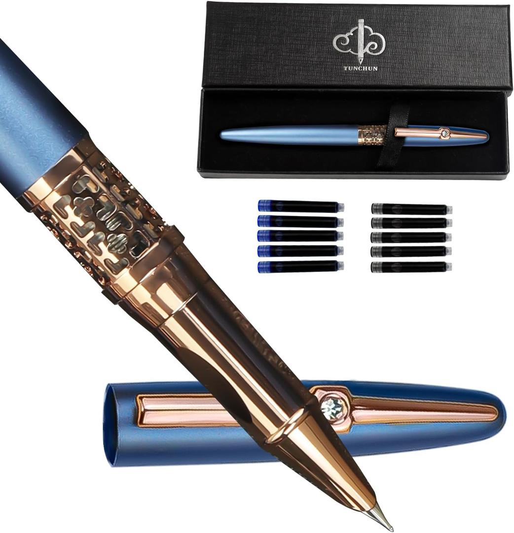 YUNCHUN Refillable Fountain Pen Fine Nib, Fancy Ink Pen with 10 Black & 10 Blue Ink Refills Cartridges, Cool Ink Pens for Writing, Business Metal, Best Gift Set for Men & Women, Blue