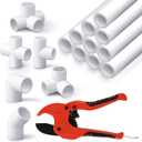 Tellegloww 10 Pcs 1/2 Inch x 3 ft PVC Pipe with 42 Pcs PVC Pipe Fittings Elbow Set and 1 Cutter White DIY Projects Connection Tee for Home, Greenhouse, Farm, Workshop, Garden