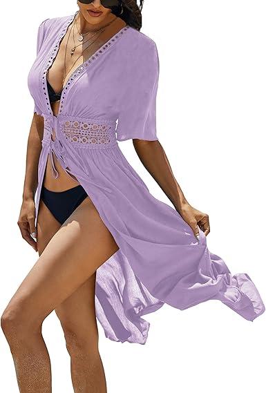 Ekouaer Women's Swimwear Cover Ups Sexy Open Front Beach Bikini Swimsuit Kimono Cardigan Cover Up Long Flowy Beachwear Light Purple S 