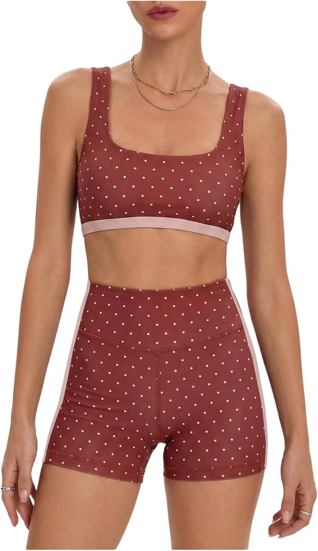 Milumia Women's Polka Dots Workout Set 2 Piece Color Block Bra Tank High Waisted Biker Shorts Layered Matching Yoga Outfit Burgundy Small