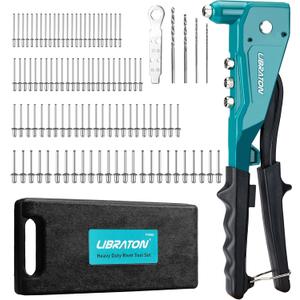 Libraton Heavy Duty Rivet Gun, Pop Rivet Gun Set, Professional Hand Riveter, Manual Riveting Tool with 110Pcs Rivets and 4 Interchangeable Heads, for Metal, Wood and Plastic